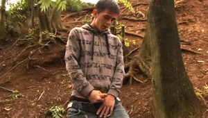horny stud finds a quiet place in a wood to wank out a load 