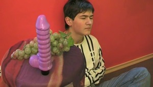 Caucasian dude jerking off his meat while using a violet dildo for booty 