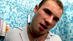 Lustful European teen Stefan showing hot muscles and jerking off his gigantic schlong in the shower 