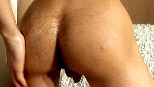 skinny brunette gay Robert oiling and dildoing his tight butthole on camera 