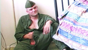 cute dude Wearing Army Suit Jerks Off And Comes On His Pants 