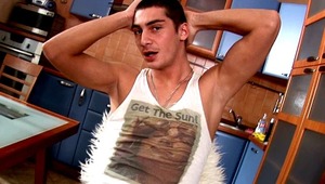 Ultra charming brunette gay Timo Hardy stripping ebony briefs and jerking off his enormous shaft on the chair 