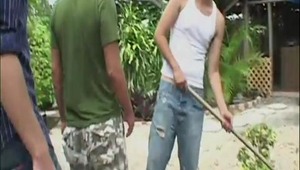Travors is gardening when Dominic and Julien come by to see if they can convince him to join them for a serious fuck session. Seems that Travors really likes getting nailed hard by these 2 studs in this episode of &quot;His First Gay Sex&quot;! 