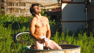 horny cowboy takes bath outdoors and jerks off his massive dick 
