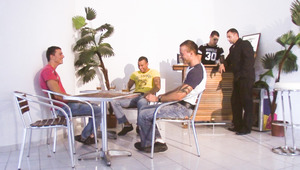 The men hangout on the set and get ready before their orgy 