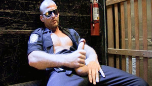 Officer Scott Tanner finds an elevator to stroke his schlong in 