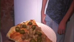 Jordan had just bought pizza and was headed home. We enticed him into coming back to our place with the thought of our massive cocks. Then we stuffed him with dude sausage and topped him off with our creamy sauce! 