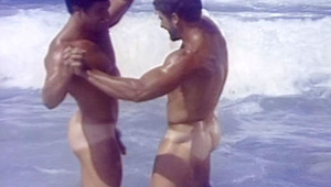 2 guys on beach caress their bodies before doing blowjobs 