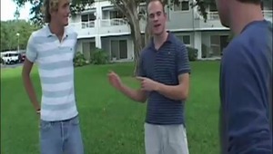 We found Chad on his daily walk in the park and took the chance on picking him up. He had never been with another man before, so we filled his virgin mouth and behind with our hot rods! 