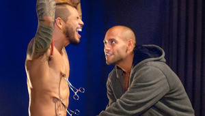 Leo attaches surgical clamps to Draven's nipples body & dong 