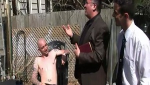 Sam and Johnny are visited by a christian missionary spreading the word of god. In true form however, the guys are the ones who do the converting by getting their visitor in the missionary position and spreading his butt to take their huge penises! 