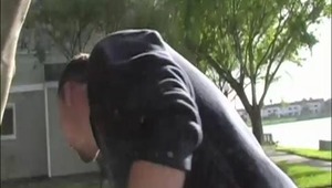 We found Devin out jogging and couldn't pass up the chance to see how far they could get him to go. With the promise of honeys back at the pad, we got him to come hang out, in more ways that one. Before long he was bobbing on our hard schlongs and enjoyin