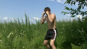 lovely young is exercising in the open without any clothes on in raunchy gay movie. 