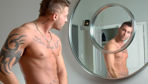 Studly masculine firefighter Kevin jacks off in the mirror 